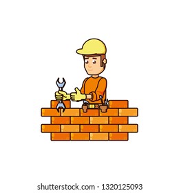 construction worker with wrench tool and wall brick