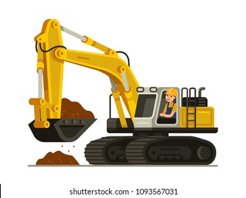 construction worker with yellow excavator heavy equipment full loading of soil vector illustration