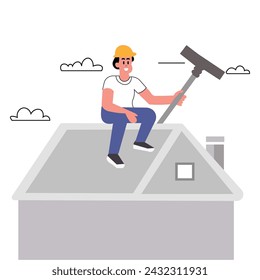 Construction worker with a yellow helmet for protection, atop a house roof, holding a tool, repairing and cleaning the home's roof