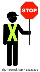 construction worker in yellow vest holding red stop sign - vector