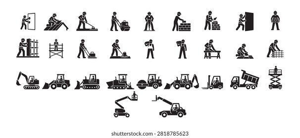 Construction Workers Activities Mega Icon Set Vector isolated on white background, black flat glyph collection with glazier, roofer, jackhammer operator, concrete finisher, bricklayer, scaffolding, tiler, carpenter, rebar worker and laborer