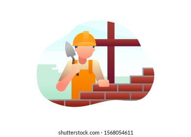 Construction Workers Are Arranging And Cementing Red Bricks Vector