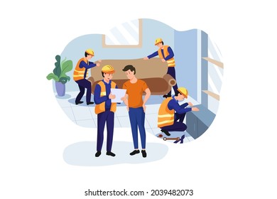 Construction workers arranging interior Illustration concept. Flat illustration isolated on white background.