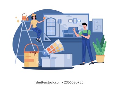 Construction Workers Arranging Interior Illustration concept on white background