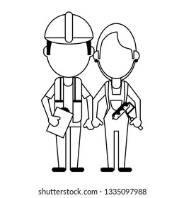 Construction workers avatars in black and white