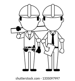 Construction workers avatars in black and white