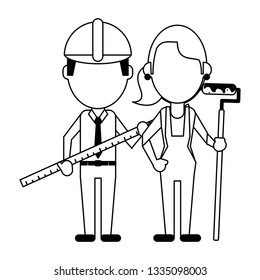 Construction workers avatars in black and white