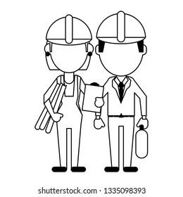 Construction workers avatars in black and white