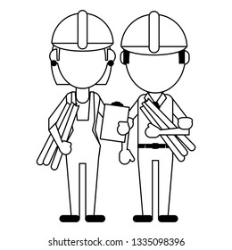 Construction workers avatars in black and white