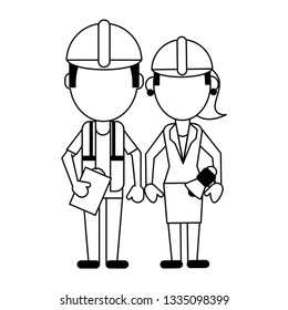 Construction workers avatars in black and white