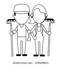 Construction workers avatars in black and white