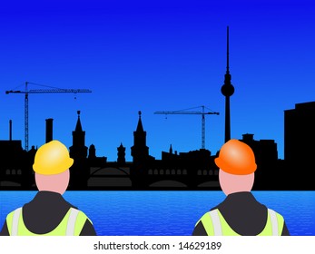 construction workers with Berlin skyline and cranes illustration