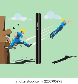 construction workers break the wall out through the gadget and fly free
