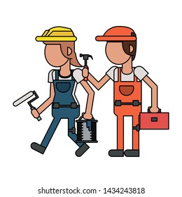 Construction workers with bucket and toolbox with brush cartoon vector illustration graphic design