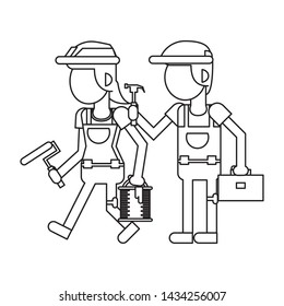 Construction workers with bucket and toolbox with brush cartoon vector illustration graphic design