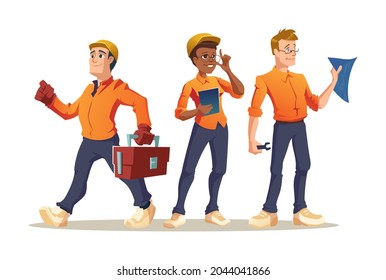 Construction workers builder, engineer or foreman characters with tools and blueprint. Architect with house plan, professional architecture building constructors in helmets Cartoon vector illustration