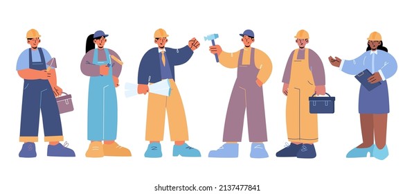 Construction workers, builder, engineer and technician. Vector flat illustration of people working in building industry, professional repairman, architect, house painter and foreman