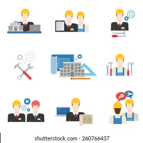 Construction workers builders architects people profile user interface icon set flat modern web isometric infographic concept vector. Sketch checklist engineer  collaboration service. Creative people.