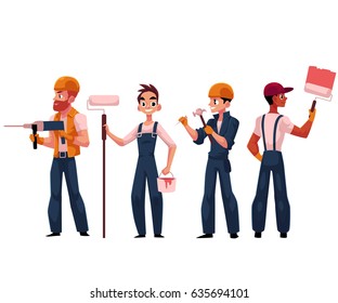 Construction workers, builders, painters wearing helmets and overalls, cartoon vector illustration isolated on white background. Builders, construction workers painting, drilling, driving nails