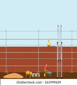 Construction Workers building a brick wall, with cement mixer,scaffolding and a ladder in foreground