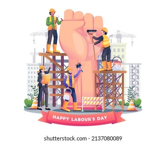 Construction workers are building a giant fist arm to celebrate labour day on 1st May. Flat style vector illustration