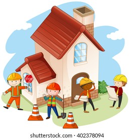 Construction workers building house illustration