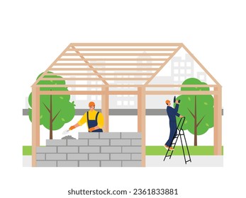 Construction workers building houses, laying bricks and making building frames, workers vector illustration.