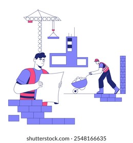 Construction Workers At Building Site In Flat Vector Illustration Symbolizing Teamwork, Engineering, And Architecture, Isolated On White Background.