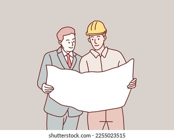 Construction workers and businessman teamwork collaboration in blueprint planning simple korean style illustration