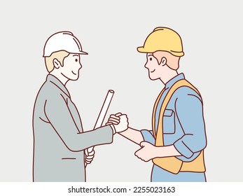 Construction workers and businessman teamwork shake hands cooperate simple korean style illustration