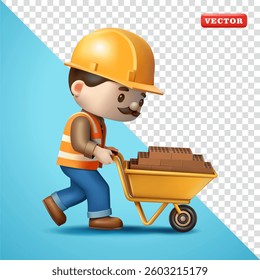 Construction workers carry a cart full of bricks, 3D vector. Suitable for business, construction and element design