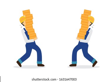 Construction workers carrying bricks and in a danger to crash into each other. Concept of work safety and workplace accident. Vector illustration
