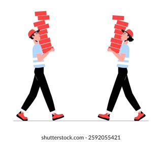 Construction Workers Carrying Bricks in Flat Vector Illustration Symbolizing Labor, Teamwork, and Manual Work, Isolated on White Background.