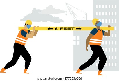 Construction workers carrying a lumber 6 feet apart and wearing face masks, EPS 8 vector illustration