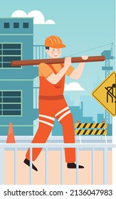 Construction workers are carrying things with the city in the background, labor day vector illustration