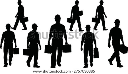 Construction workers carrying toolbox silhouettes set, industrial laborers walking with equipment, builder and technician work concept, professional workforce vector illustration