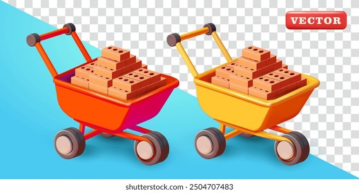 Construction workers cart with bricks, 3d vector. Suitable for construction, industry and design elements