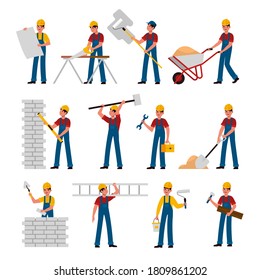 Construction workers. Cartoon builders in helmet and uniform work with constructions tools saw, hammer and trowel, shovel and ladder, building and renovation house flat vector characters collection