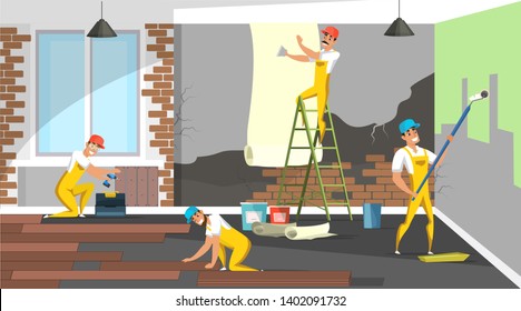 Construction workers cartoon characters vector. Building decoration process. Room renovation, repair flat illustration. Indoor design. Wood, stone, paper materials. Apartment interior