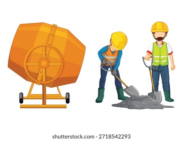 Construction workers with cement mixer and pile of gravel