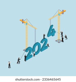 Construction workers change year into 2024 using crane isometric 3d vector illustration concept for banner, website, illustration, landing page, flyer, etc