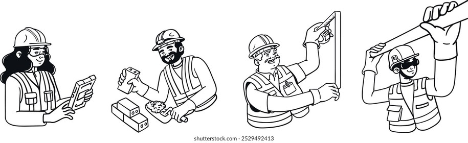 Construction workers character illustrations. People working in building industry.