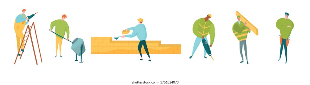 Construction workers characters set. Carpenter with timber, handyman in tools belt, diy man with drill. Isolated vector illustration for building company website or social media.