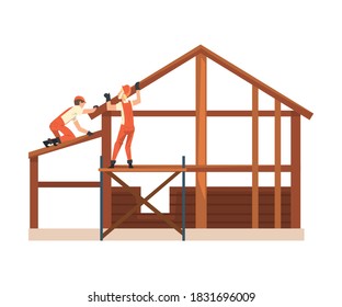 Construction Workers Characters Wearing Workwear and Protective Helmets Building Wooden House with Professional Tools Cartoon Vector Illustration