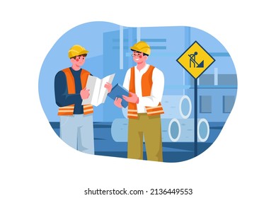 Construction workers checking building plan Illustration concept. Flat illustration isolated on white background.