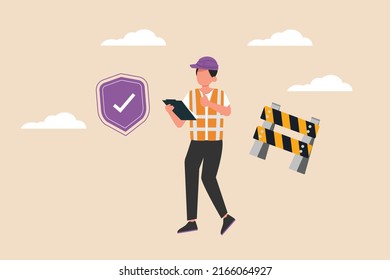 Construction workers is checking construction list with his tablet. Road and building construction concept. Flat vector illustration isolated.