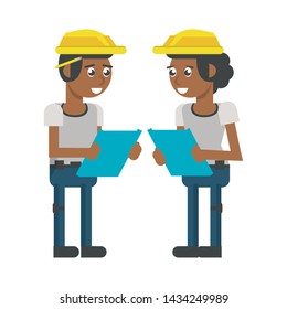 Construction workers checking plans clipboards vector illustration graphic design