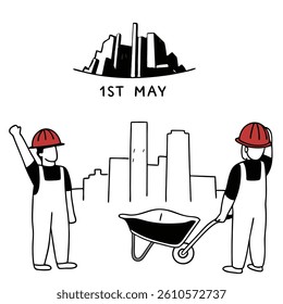 construction workers, city skyline, 1st May, Labor Day, wheelbarrow, hard hats, urban development, workers' rights