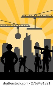 Construction Workers and City Skyline Vector Illustration. Potrait Design Constructions, Workers Vector Background