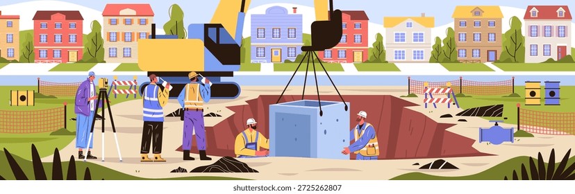 Bauarbeiter Tiefbau Teamarbeit schwere Maschinen städtische Ausgrabungsstätte Vermesser Sicherheitswesten Pipeline Installation Wohngebiet